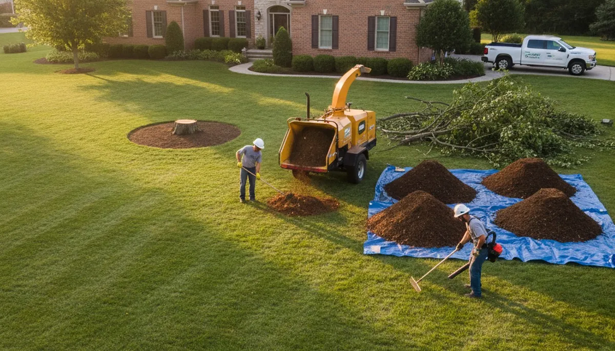 Completed tree removal and yard restoration in Milwaukee WI with crew cleanup and wood chipper mulch work