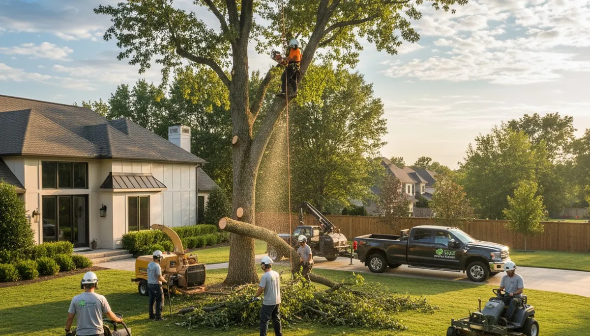 Professional lawn and tree service team working in Milwaukee, WI yard