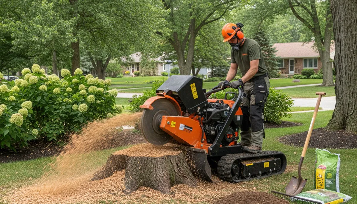 Professional stump grinding service removing tree stumps in Elm Grove near Milwaukee, WI yard