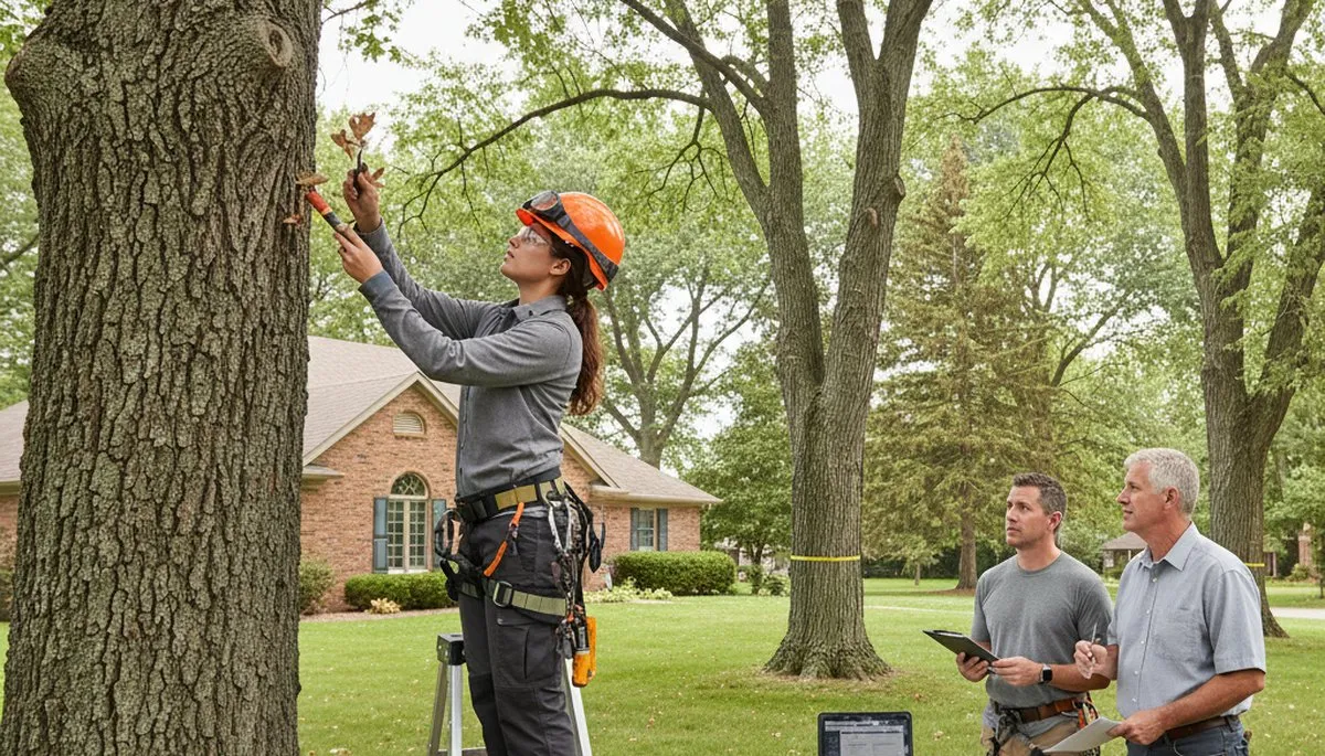 Certified arborist performing tree health assessment in Elm Grove, Milwaukee, WI for safe tree care
