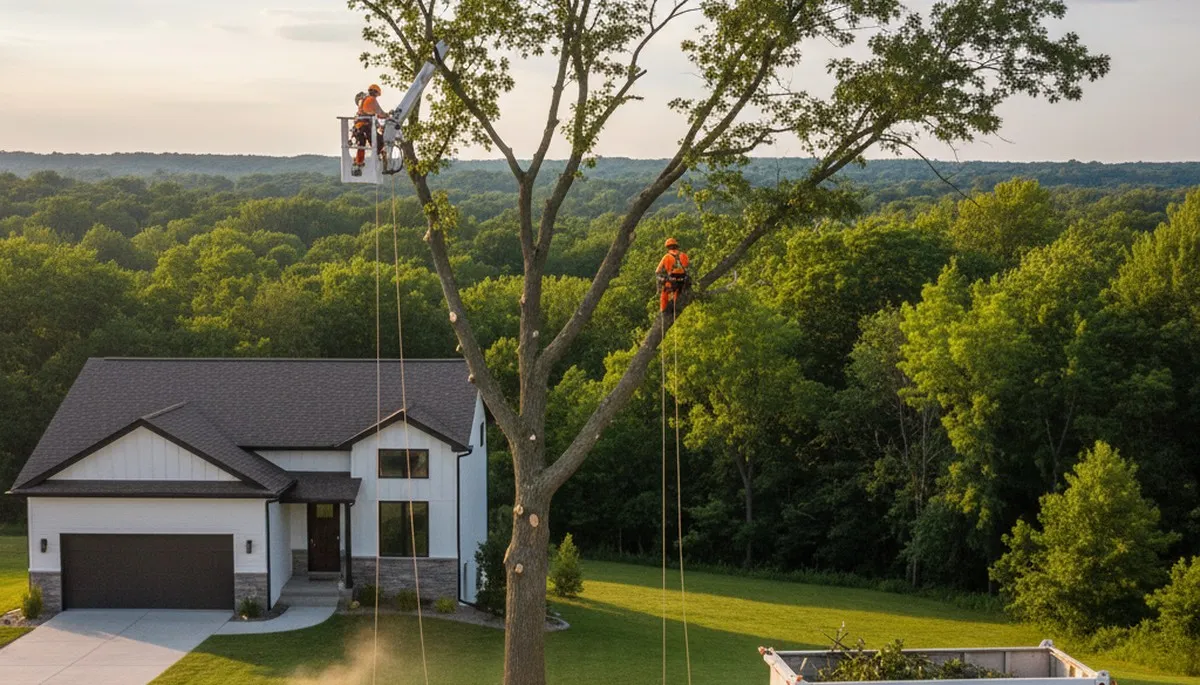 Professional tree removal service crew working safely in Milwaukee, WI residential area