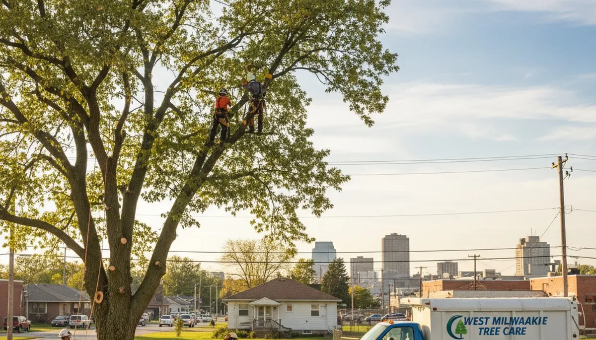 Professional tree removal service in Milwaukee WI safely cutting and clearing large oak tree